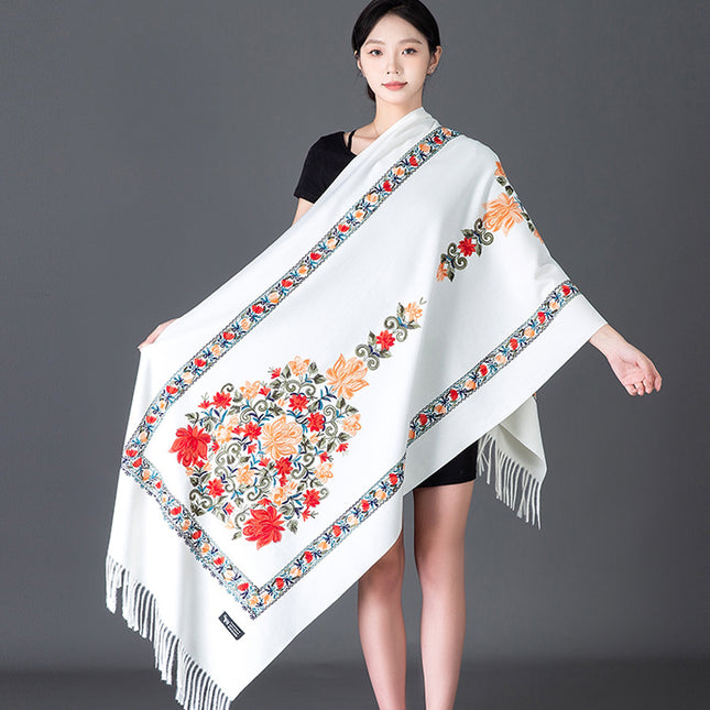 Autumn and Winter Nepal Vase Embroidered New Style Cashmere Scarf Women's Ethnic Style Embroidered Tassel Large Shawl