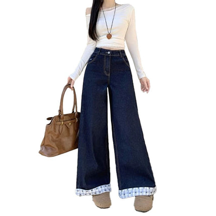 American-Style Dark Blue Denim Wide-Leg Pants, New Cropped Plaid Patchwork Design, Petite Slimming Straight-Leg Floor-Length Pants