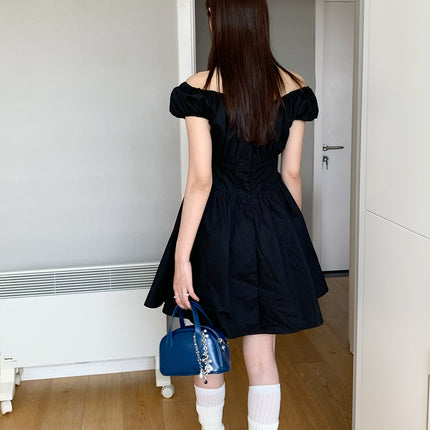 Dorothy Summer New French Style Romantic Little Black Dress with Line Collar and Lantern Sleeves Slimming Ballet Style dress Women