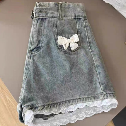 Sweet Hot Girl Lace Spliced Denim Shorts Women's Summer New High Waist Slimming Anti-Exposure Wide Leg Hot Pants