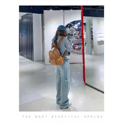 American Style High Street Wide Leg Tooling Jeans Women's Spring and Autumn Dipped Loose Multi-Pocket Design Tall Mop Pants