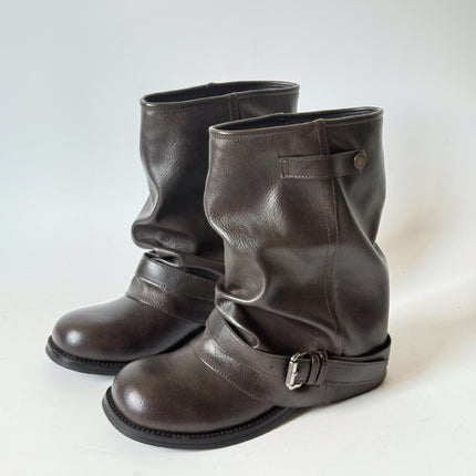 2025 Autumn Women's Short Boots Round Toe Martin Boots with Belt Buckle Fashionable Versatile Height-Increasing Women's Boots Artistic Retro Chunky Heel