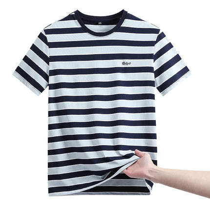 Mingdi Mouse Men's Summer New Business Striped plus size Men's T-shirt Short-sleeved Casual Young and Middle-aged Crewneck T-shirt