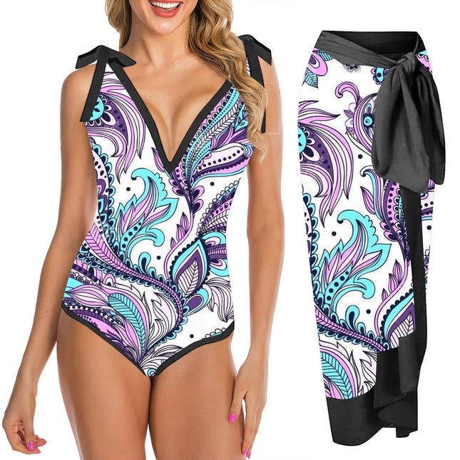 Cross-Border Bikini Beach Skirt Two-Piece Swimsuit Printed Belly-Covering Slimming Lace-Up European and American Amazon Foreign Trade Swimwear