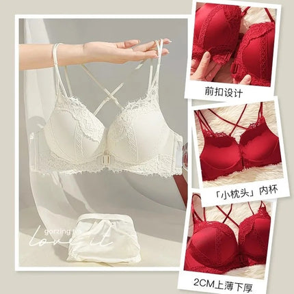 Red Small Breast Push-Up Bra for Women Wedding Bride 2025 New Animal Year Lace Pure Lust Bra Set