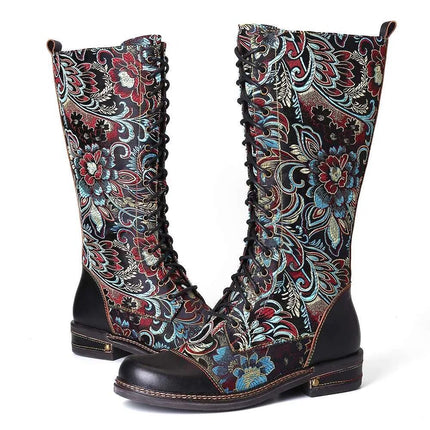 2025 Export New Style Side Zipper Boots Autumn and Winter Retro Flats Embroidered Boots Embroidered Low Heel Knight Boots High Tube Women
