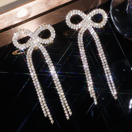Shein Explosive Bow Long Tassel Earrings Women's Personality Super Flash Rhinestone Bride Wedding All-match Ear Jewelry