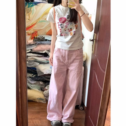 Pure Cotton White Right Shoulder Cat Short-Sleeved T-Shirt for Women Summer Design Niche American Short Sexy Slim Top