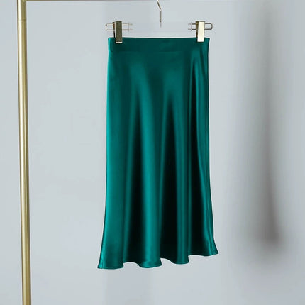 High-Quality Elastic Waist Triacetate Skirt for Women, Peacock Green, Elegant, Retro, Slimming and Drapedy Satin