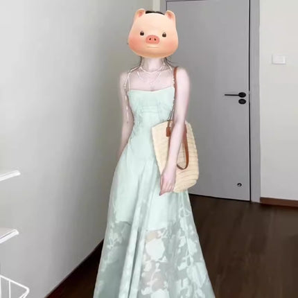French Mint Green Suspender Dress for Women Summer 2025 New Spring Wear Seaside Resort Style Waist Long Skirt