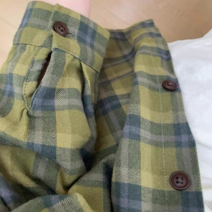 American Retro Green Plaid Shirt Women's Single Wear Stacked Loose Shirt Jacket Couple's Spring and Autumn Long Sleeve Top