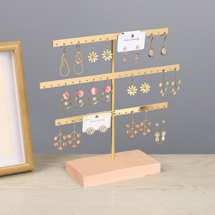 Solid Wood Iron Earrings Display Rack Golden Vertical Three-Layer 52 Hole Golden Earrings Storage Rack Earrings Display Rack