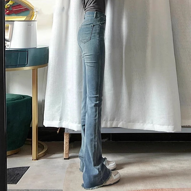Vintage Blue High Waist Burr-Edge Micro-Lar Jeans Women's Trendy All-Match New Slim-Fit Slimming Trumpet Long Pants