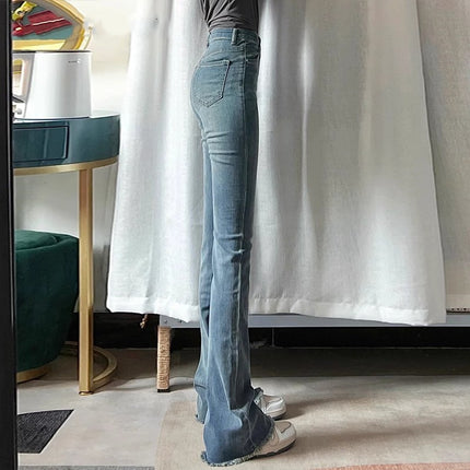 Vintage Blue High Waist Burr-Edge Micro-Lar Jeans Women's Trendy All-Match New Slim-Fit Slimming Trumpet Long Pants