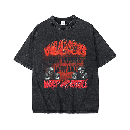 High Street Retro Heavy Distressed Washed White Ink Direct Spray Printing Men's and Women's Ins Retro Hip-Hop Trendy Brand Short-Sleeved T-Shirt