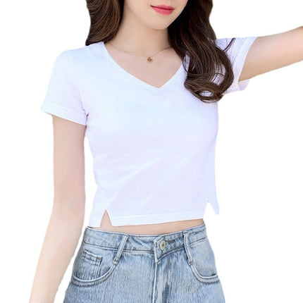 V-neck Black t-shirt Women's Short-sleeved 2024 New Summer Small Slim Short Bottoming Shirt top trendy