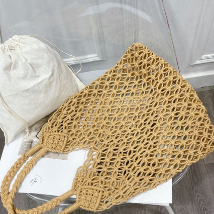 Cross-border new straw shoulder Women's bag large capacity bohemian cotton rope portable hollow woven beach bag