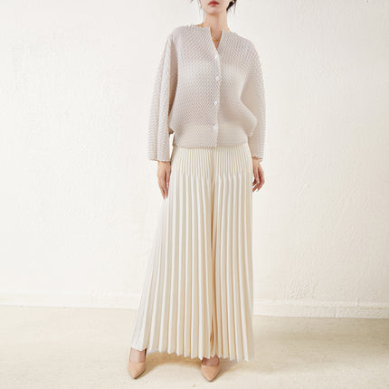 Miyake Fashion suit Women's Autumn Niche Design Sense V-shaped Pleated Batwing Shirt Top Pleated Large Pant Skirt Two-piece Set
