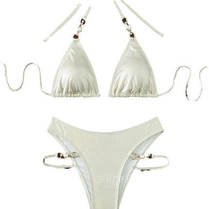 2023 New Amazon Foreign Trade Bikini Women's Sexy Separates Swimsuit Bronzing Triangular Bag Pearl Jewelry Swimsuit