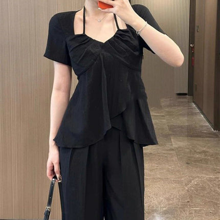 Giant Skinny Pear-Shaped Figure suit plus size Summer chubby girl suit Short-Sleeved Shirt Pants Two-Piece Set for Women