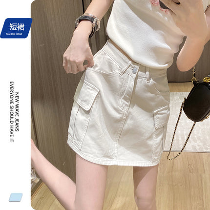 Mike & Card Grey Denim Tooling A Short Skirt Women 2024 Spring and Summer New Design Sense Pocket High Waist Pants