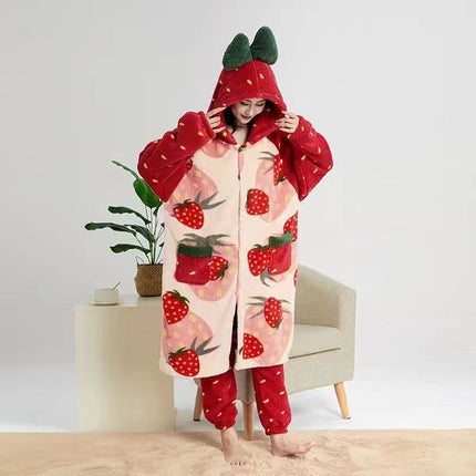Autumn and winter coral fleece parent-child big strawberry nightgown thickened high quality couples home clothing Donald duck a generation of hair