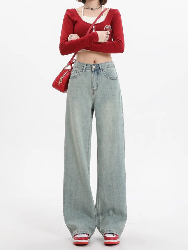 American Retro Light-Colored Embroidered Jeans for Women, Autumn Straight Loose Floor-Length High-Waisted Drape Narrow Pants