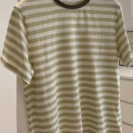 White Fruit Green Stripesd Short-Sleeved Tee! Summer Cool Lazy Style Versatile Contrasting Color Round Neck Casual Top T-Shirt for Women
