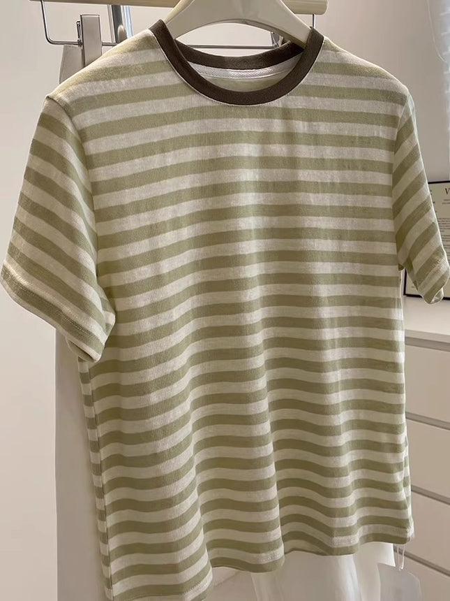 White Fruit Green Stripesd Short-Sleeved Tee! Summer Cool Lazy Style Versatile Contrasting Color Round Neck Casual Top T-Shirt for Women
