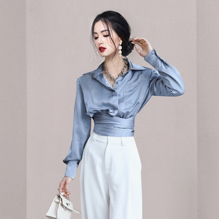 Fashionable all-match lapel button back bow elegant elegant shirt cross-border Women's Spring and Autumn New exquisite shirt