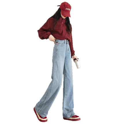 American Retro Washed Distressed Jeans for Women, Autumn High-Waisted Loose Wide-Leg Straight Pants, Floor-Length Trousers