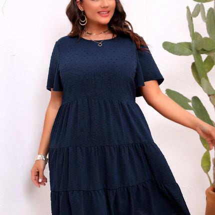 Large Size Round Neck Fur Ball Pleated Dress
