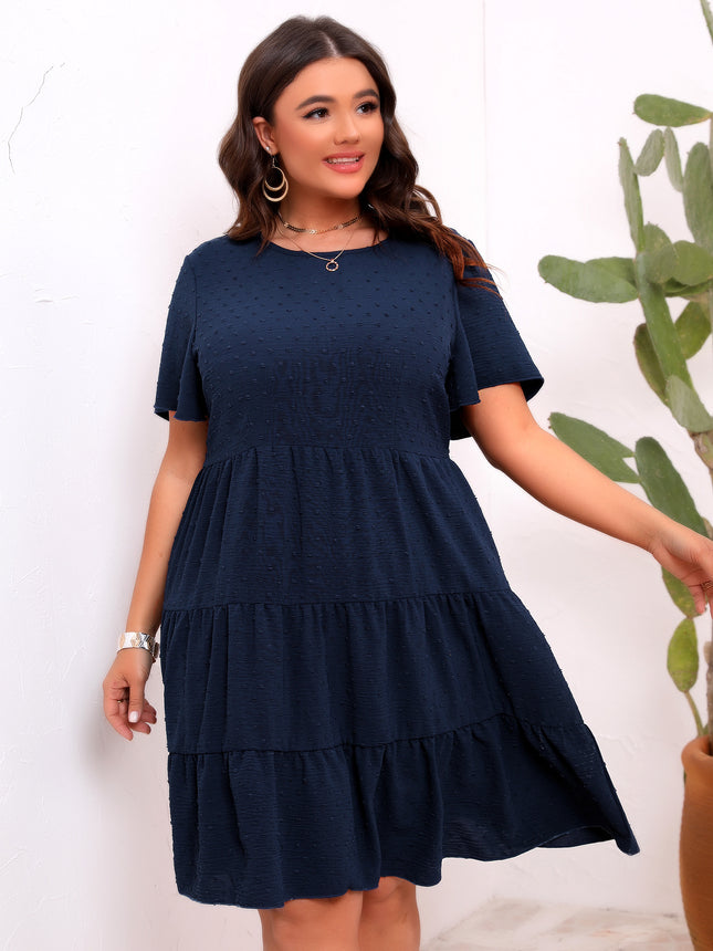 Large Size Round Neck Fur Ball Pleated Dress