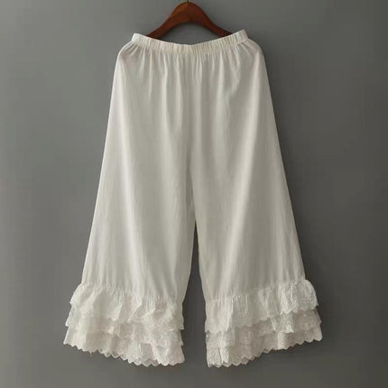 Japanese Women's Sweet and Fresh Wide-leg Pants Multi-layer Lace-trimmed Casual All-match Leggings Cotton and Linen Loose Ankle-length Pants