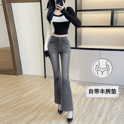Real Shot # New Style Elastic Slim-Fit Flared Denim Pants for Women with Design Pockets and Floor-Length Bootcut.