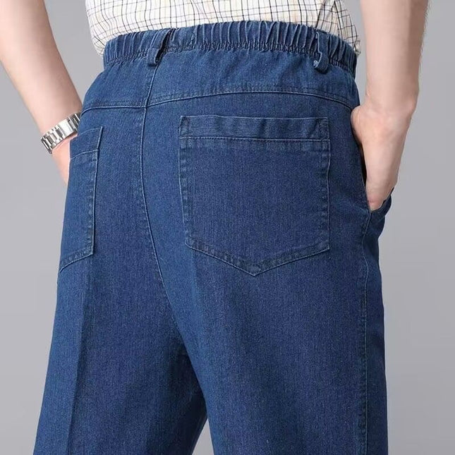Middle-aged and elderly men's jeans summer thin father's pants elastic waist old men's casual pants loose middle-aged men's pants