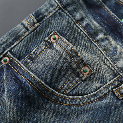 Trendy Retro Blue Cropped Jeans Men's Autumn and Winter Waist Letter Embroidery Stretch Slim-Fit Small Straight Feet Nostalgic Youth