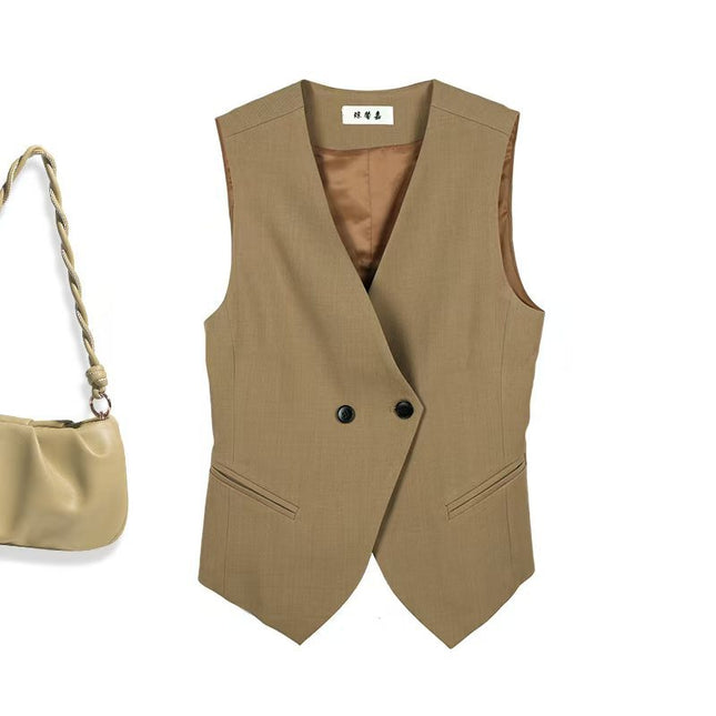 Women's Vest Jacket 2025 Spring and Autumn New Versatile Waist-Cinching Slimming Stylish Sleeveless Outerwear with Diagonal Pockets for Layering