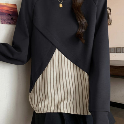 Plus-Size Women's Loose Striped Patchwork Faux Two-Piece Top for Autumn, Slimming Versatile Regular Shoulder Base Shirt
