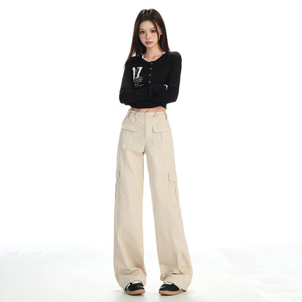 2026 Autumn American Retro Style Adjustable Waist Multi-Pocket Patchwork Design Loose Straight-Leg Casual Pants for Women