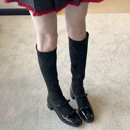 Chengdu Style ~ Small Fragrant Bow Thick Heel Short Boots for Women 2025 New High Heel Slim Boots Elastic High Boots