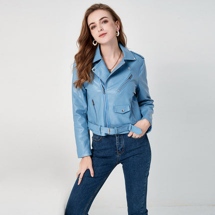 Cross-Border 2026 New European and American Style Motorcycle Diagonal Leather Jacket, Spring and Autumn Women's Short Slim-Fit Leather Coat