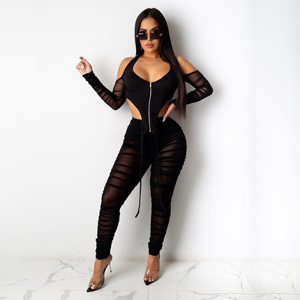 Sanhu Lianjiang M20867P European and American Fashion Spring New Mesh See-Through Solid Color Versatile Slim-Fit Jogger Pants