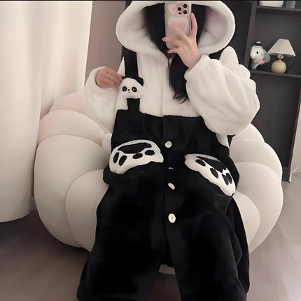 2025 Cartoon Strap Panda Pajamas Women's Winter Coral Velvet Thickened Pajamas Cute Girls Home Clothes Set
