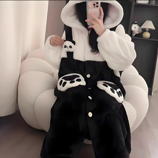 2025 Cartoon Strap Panda Pajamas Women's Winter Coral Velvet Thickened Pajamas Cute Girls Home Clothes Set
