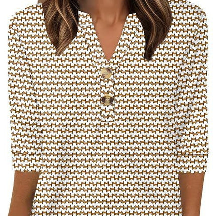 European and American Cross-Border Amazon Women's Plus Size Loose V-Neck Button Three-Quarter Sleeve T-Shirt Women's New Knitted Women's Clothing
