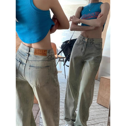 Mud Yellow Straight Leg Jeans Women's Trendy All-match High Waist Slimming Loose Flesh Covering Old Design Sense Wide Leg Pants