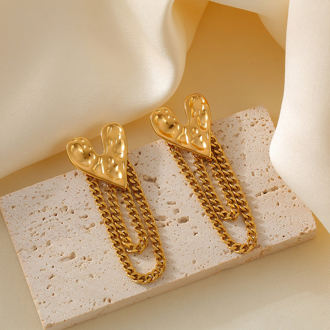Temperament European and American karst heart-shaped earrings women's retro personality hammer love tassel chain stainless steel earrings wholesale
