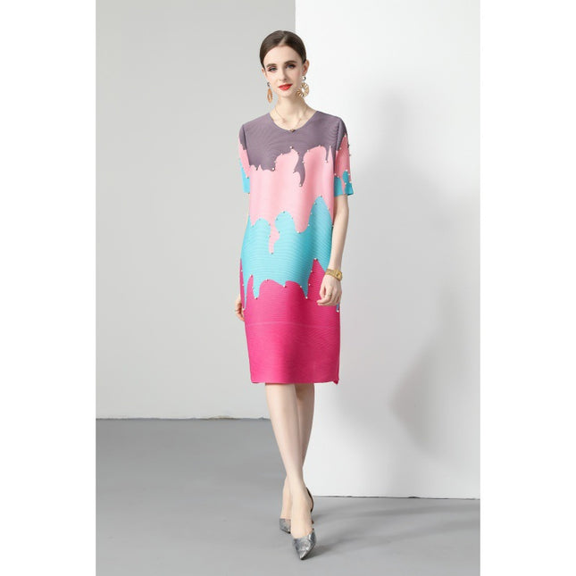 Miyake Pleated 2 Color Optional Contrast Ice-cream Printed Beaded dress Sweet Slimming Women's Crewneck A- Line Skirt