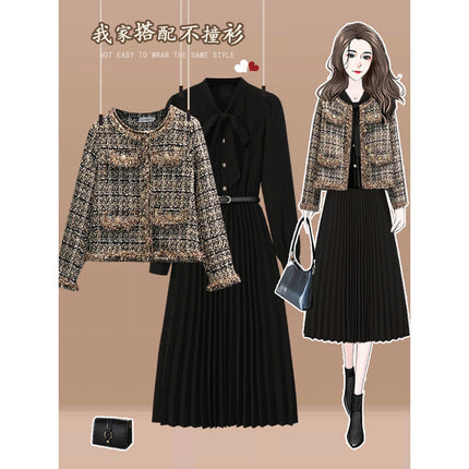 Plus Size Women's Autumn and Winter Suit 2025 New Style Cardigan Jacket Fashionable Slimming Look Versatile Dress Two-Piece Set